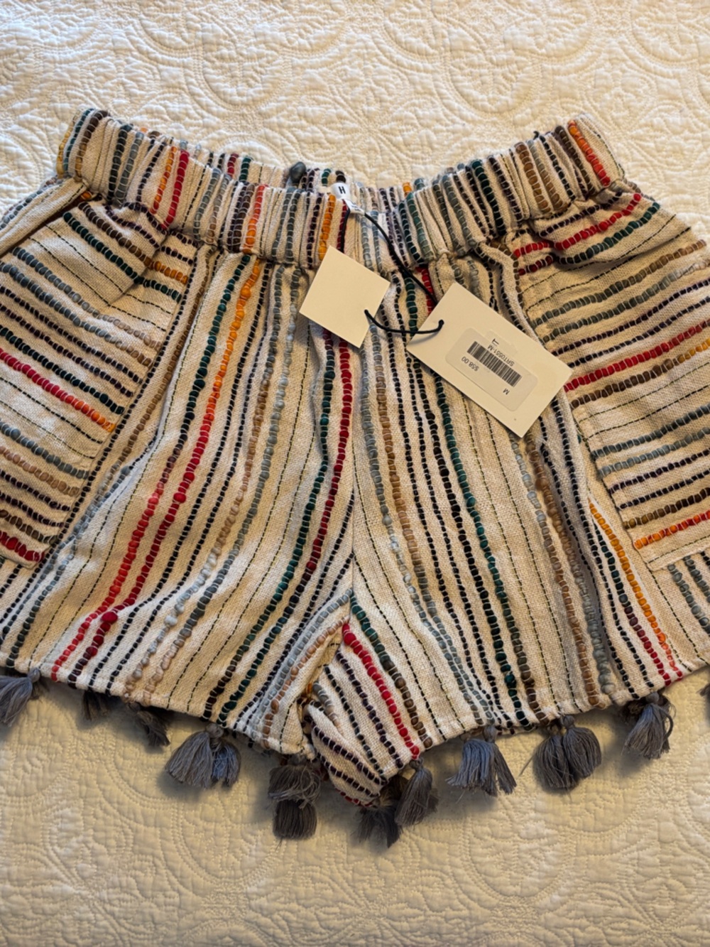 THML Striped Tassel Hem Women’s Shorts - Cream Multicolor size Medium